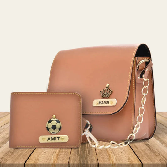 Personalized Couple's Combo : Chained Sling Bag & Men's Wallet